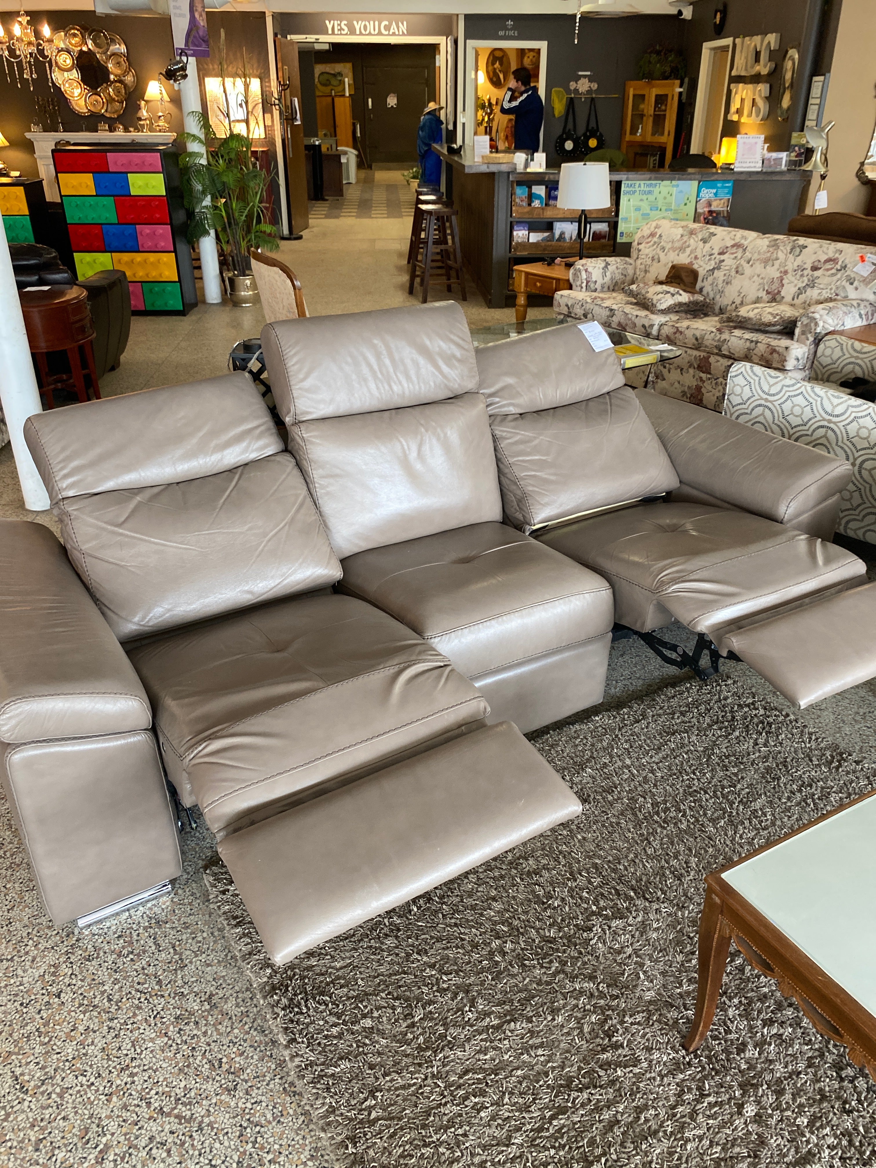 Taupe leather power reclining sofa