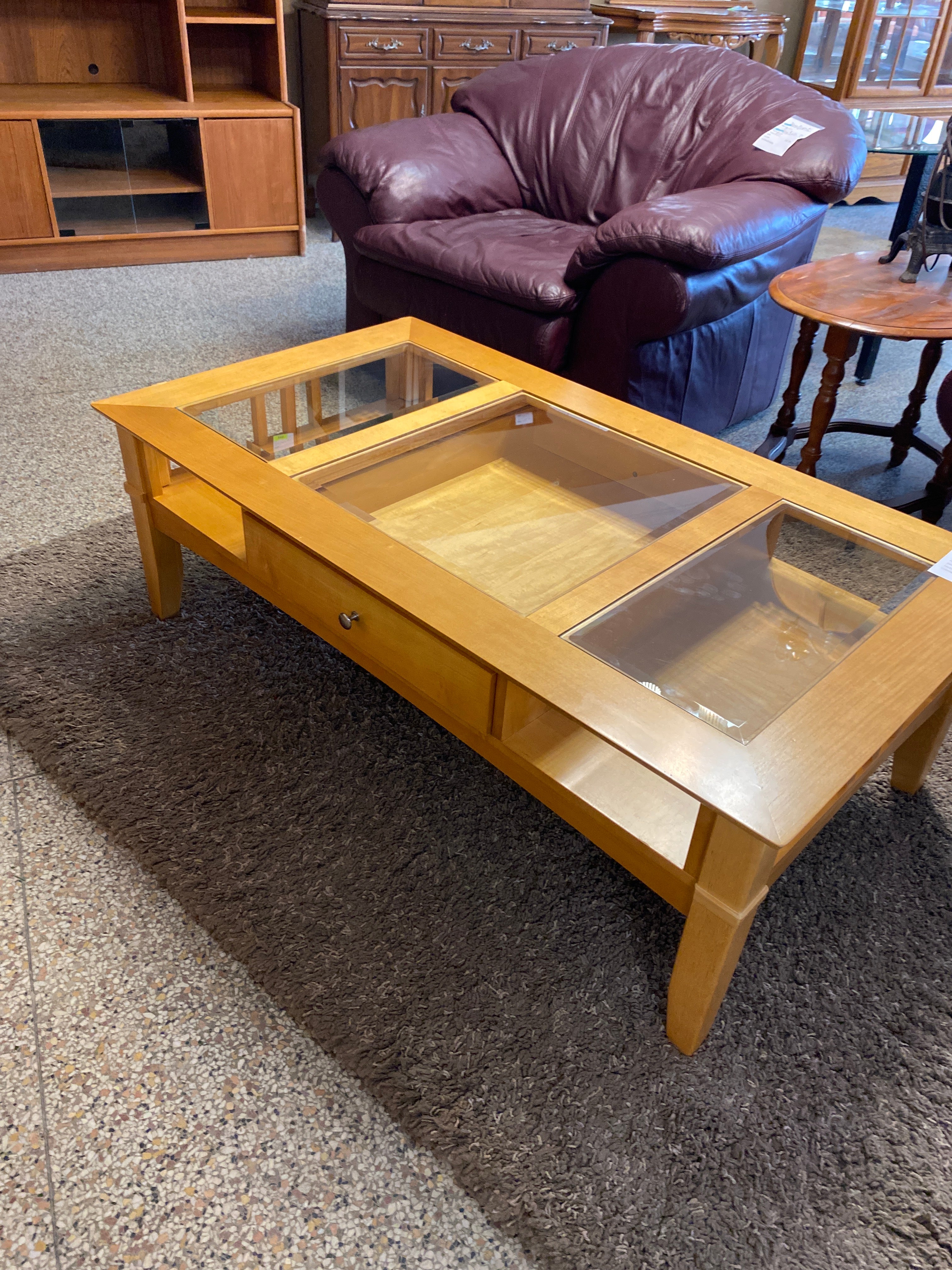 Wooden 3 piece glass coffee table