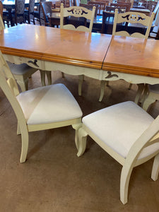 6 white chairs table and leaf