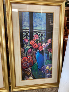 Vintage blue flower vase picture in gold frame by Dongall