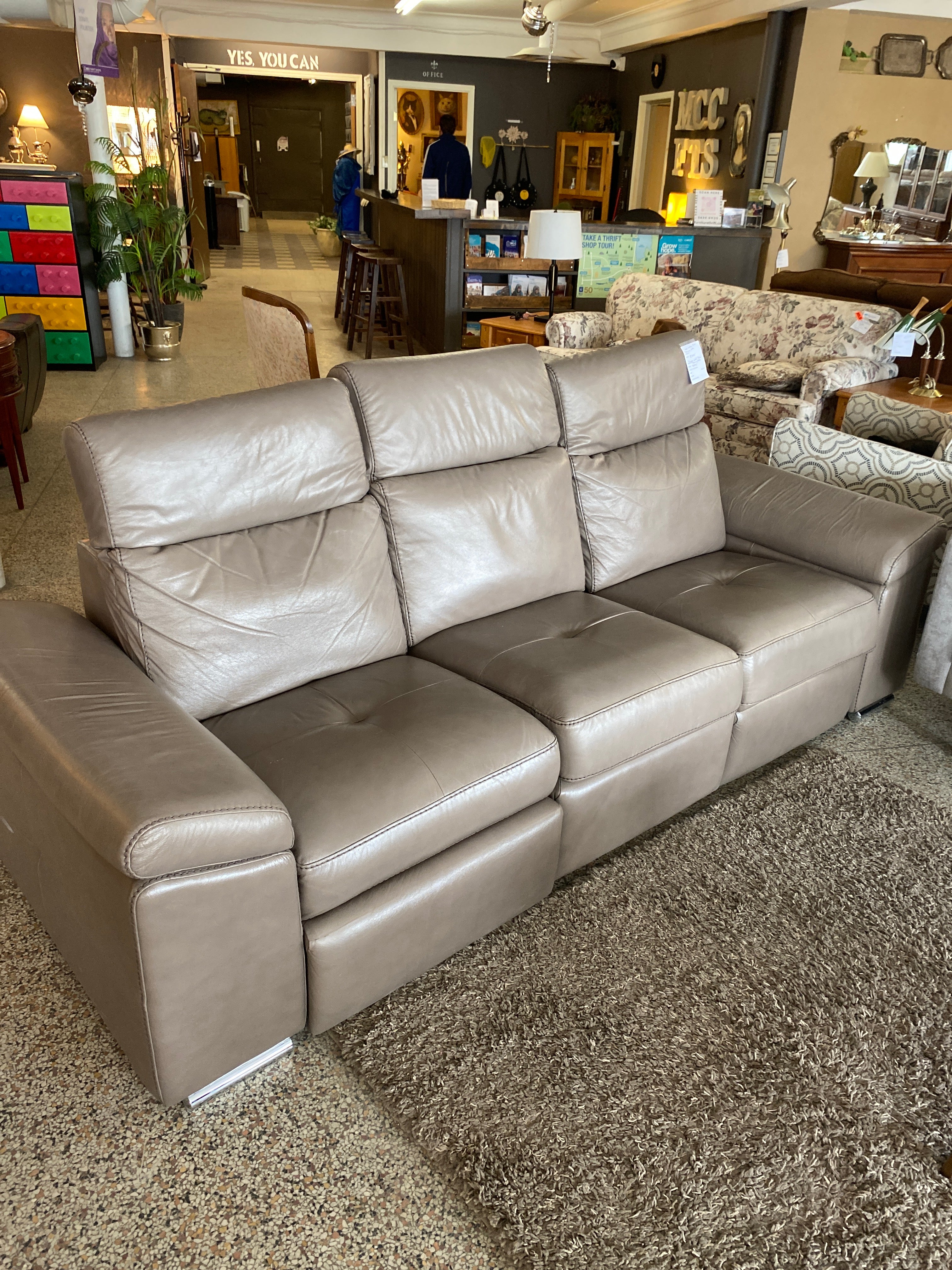 Taupe leather power reclining sofa