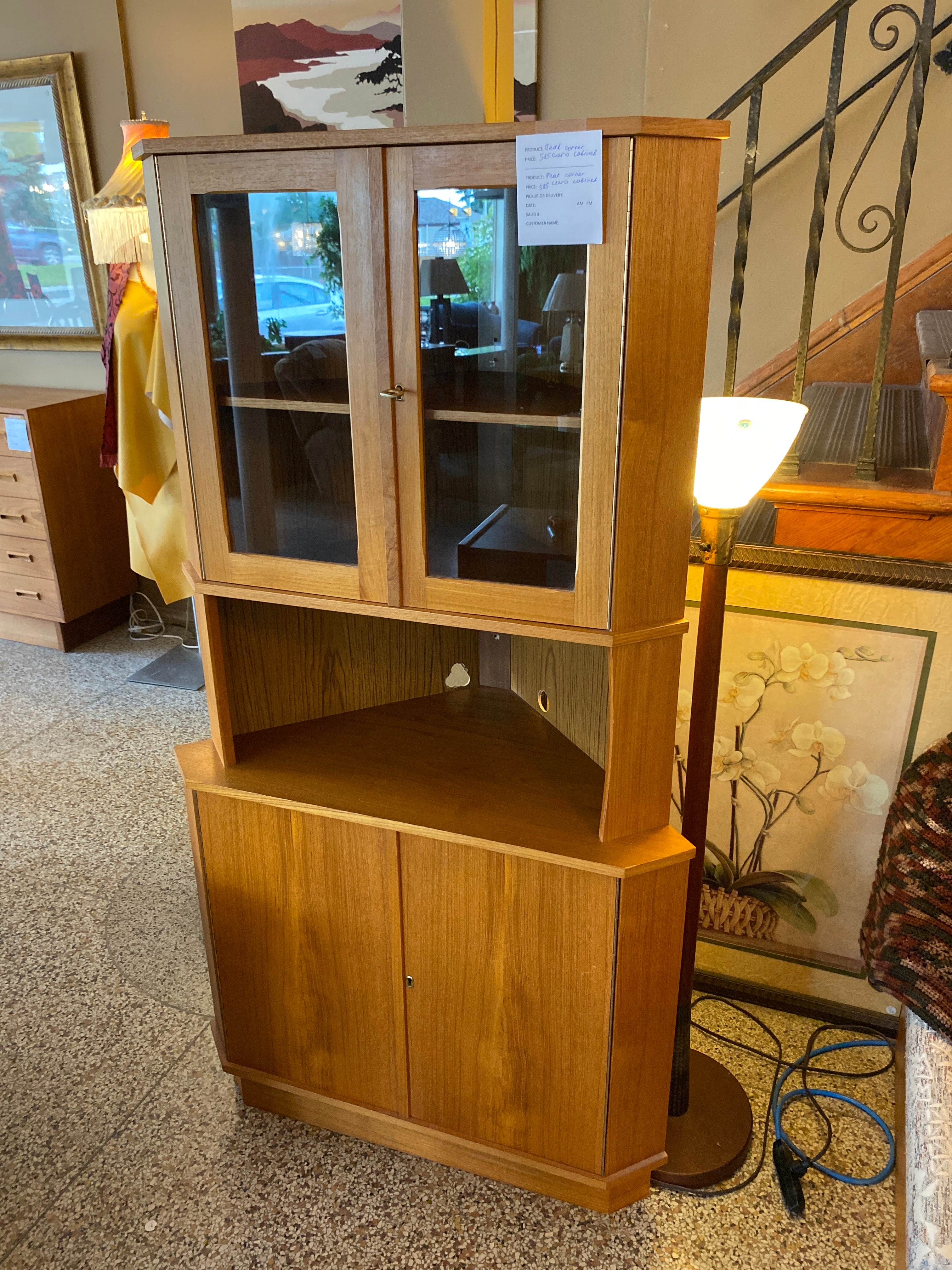 Teak corner curio cabinet