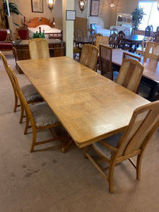 Bird’s eye maple and oak burl wood table 2 leaves and 6 chairs