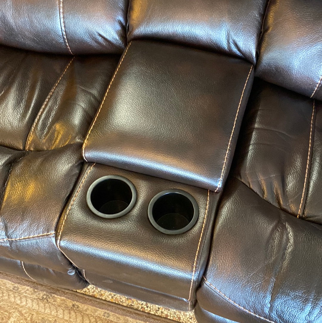 Leather double recliner with cup holder