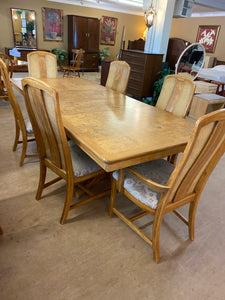 Bird’s eye maple and oak burl wood table 2 leaves and 6 chairs