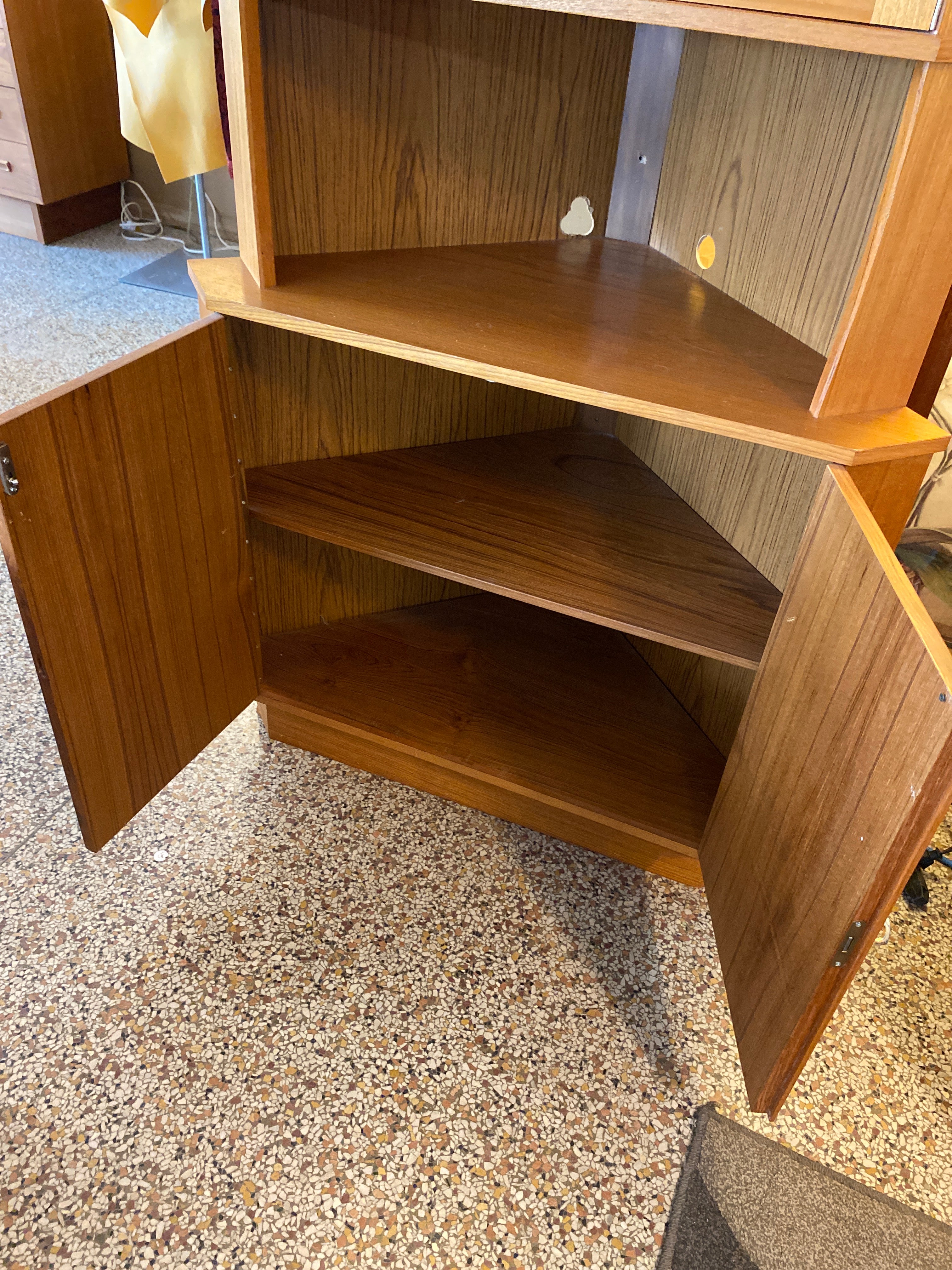 Teak corner curio cabinet