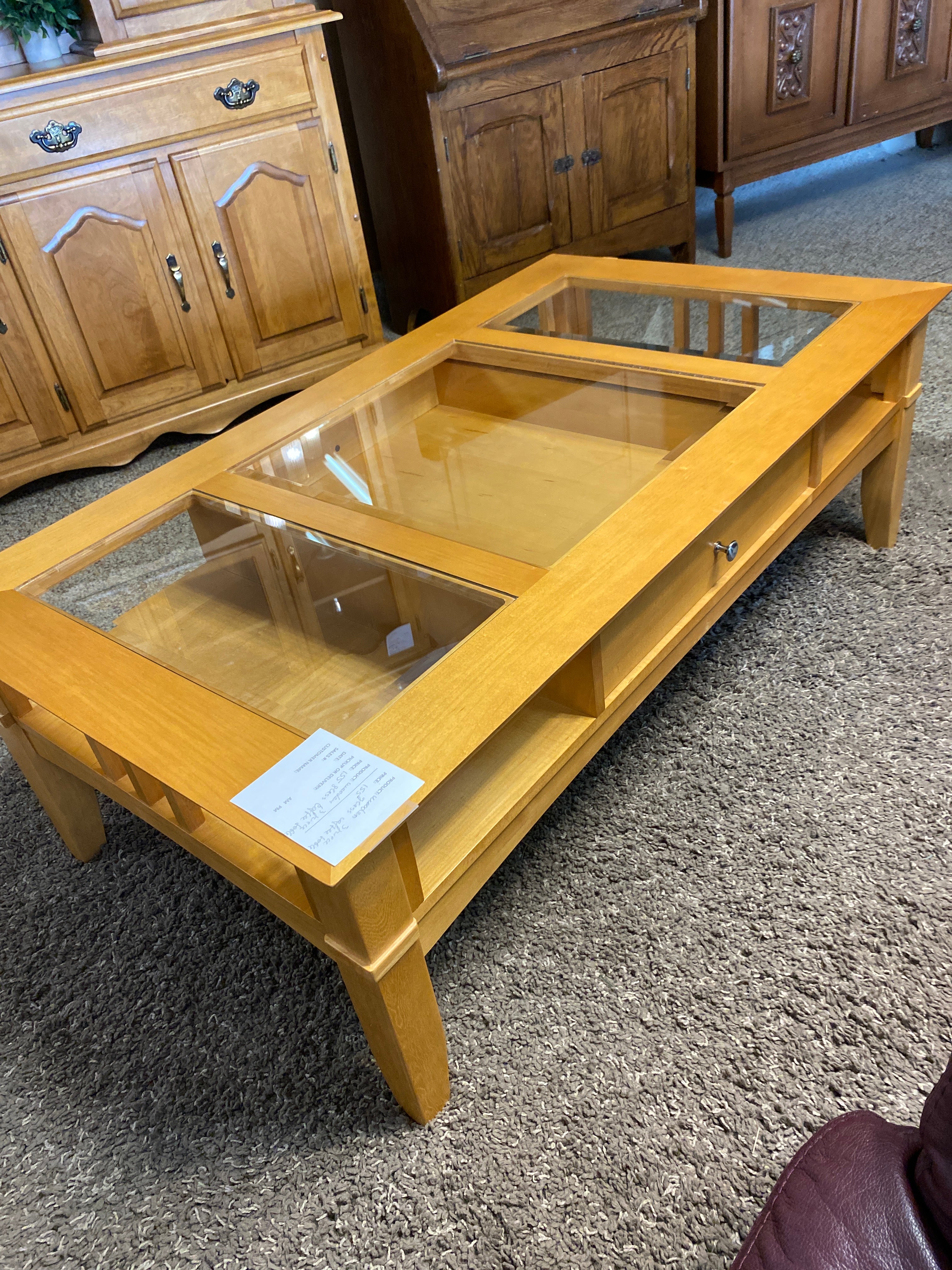 Wooden 3 piece glass coffee table