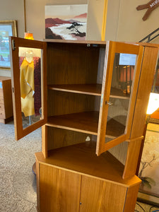 Teak corner curio cabinet