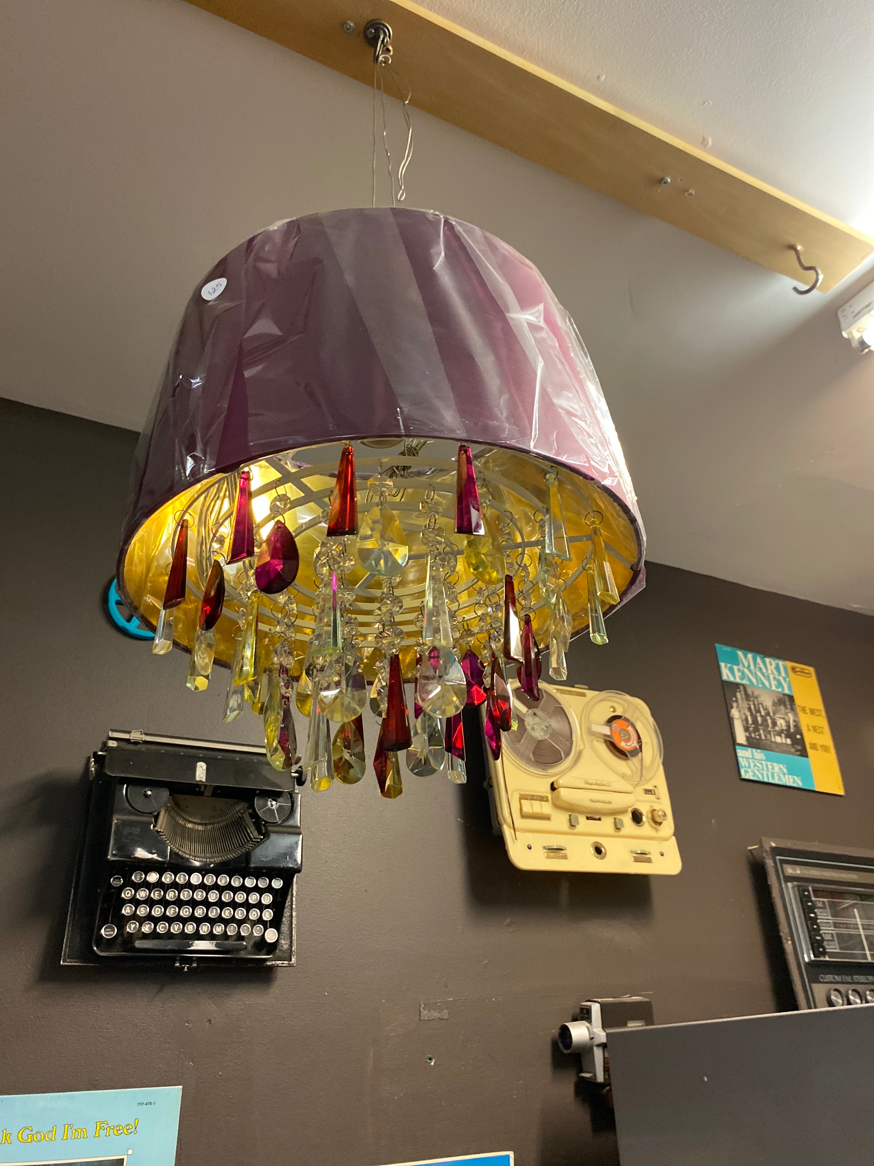 Purple drum pendant light with crystal drops